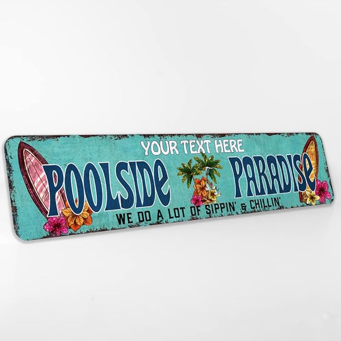 Poolside Paradise Personalized Pool Sign Outdoor Pool Decorations Poolhouse Décor Metal Pool Signs Tiki Décor 4x18 204182002007