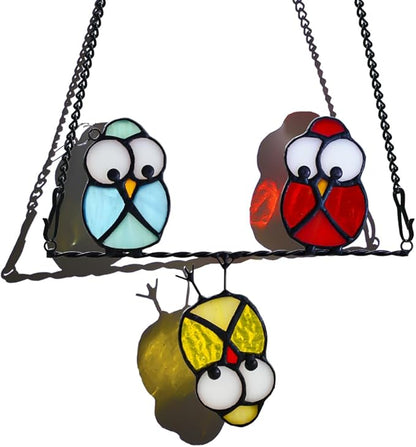 Multicolor Owl Stained Glass Suncatcher for Window,Birds Stained Glass Window Hangings,Bird Suncatchers Deocr for Door Room,Owl Gifts for Mom,Grandma,Birds Gifts for Bird Lovers Women