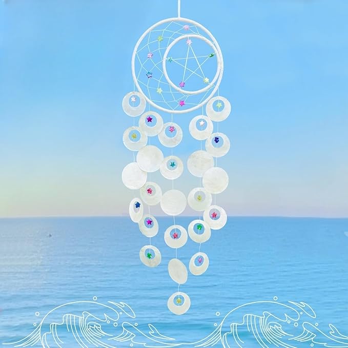 Wind Chimes for Outside Dream Catcher Colorful Stars Capiz Shell Windchime Seashell Sea Glass Beach Coastal Crafts Decor for Garden Patio Yard Unique Outdoor for Women