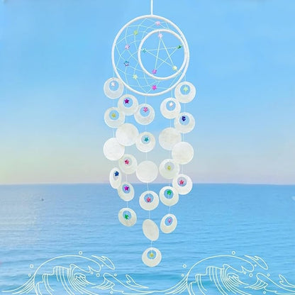 Wind Chimes for Outside Dream Catcher Colorful Stars Capiz Shell Windchime Seashell Sea Glass Beach Coastal Crafts Decor for Garden Patio Yard Unique Outdoor for Women