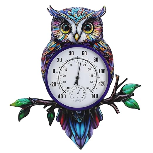 22" Outdoor Thermometer, Large Metal Indoor Wall Thermometer, Printed Owl Outside Thermometer with Large Number for Patio Home Room Decor