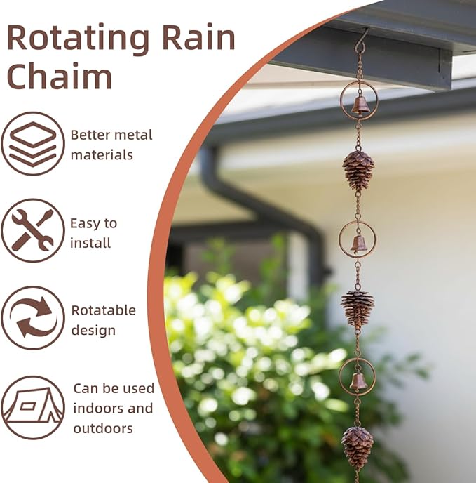 3.6ft Rain Chains for Gutters Aluminum, Outdoor Decorative Rainchain Heavy Duty Gutter Catcher Downspout Replacement, Durable Hanging Rain Gutter Chain for Eaves Drainage and Home Display (Pinecone)