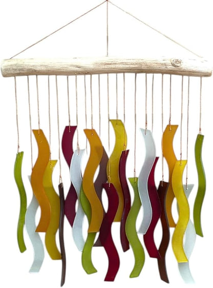 OMA Glass Wind Chime – Handmade Recycled Glass & Driftwood Chime for Garden Patio Decor – Multi Color Hanging Chime for Garden, Patio Or Indoor Decor Sun Catcher Gift - Large 20"