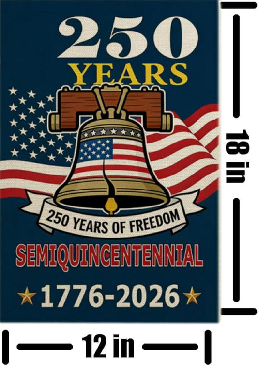 CANTENDO 250th Anniversary USA Patriotic Bell Flag Double Sided Flax Garden Yard Flag Flags 1776-2026 Commemorative Garden Theme Decorative Outdoor Yard Decorative Flags Banner(12"x 18"）