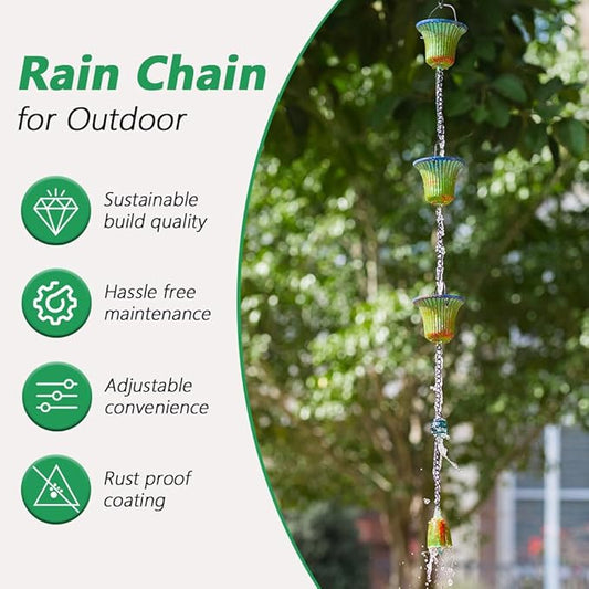 10ft Rain Chains for Outside, 12-Cup Rain Chain Replacement Downspout for Gutters,Eaves, Drainage, Adjustable Length(Green & Yellow)