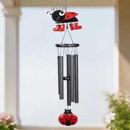 Ladybug Wind Chimes for Outside Metal Cute Beetle with Spinning Feet, Black Aluminum Tubes, Garden Yard Hanging Decor Wind Chimes, for Women, Men, Kids and Nature Lovers
