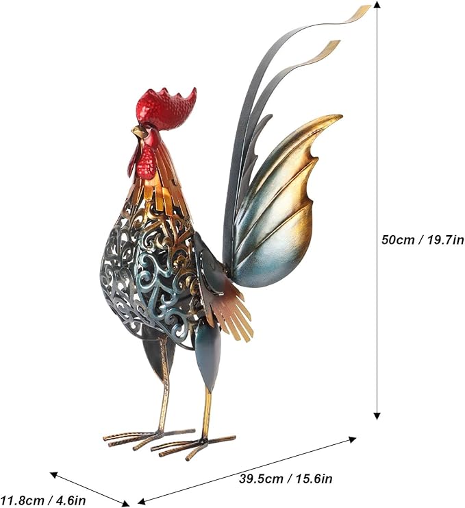 Decorative Iron Rooster Sculpture, Carved Metal Rooster Statue for Garden, Deck, Home, & Friendly, Hollow Design & Detachable Tail, Versatile Indoor Outdoor Decoration,