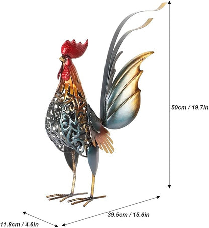 Decorative Iron Rooster Sculpture, Carved Metal Rooster Statue for Garden, Deck, Home, & Friendly, Hollow Design & Detachable Tail, Versatile Indoor Outdoor Decoration,