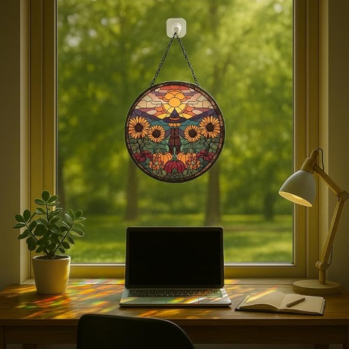 Stained Glass Window Hanging Scarecrow Sunflower and Pumpkin Sun Catchers Panel for Indoor Decorative Display for Mom, Wife, Lovers, Festive