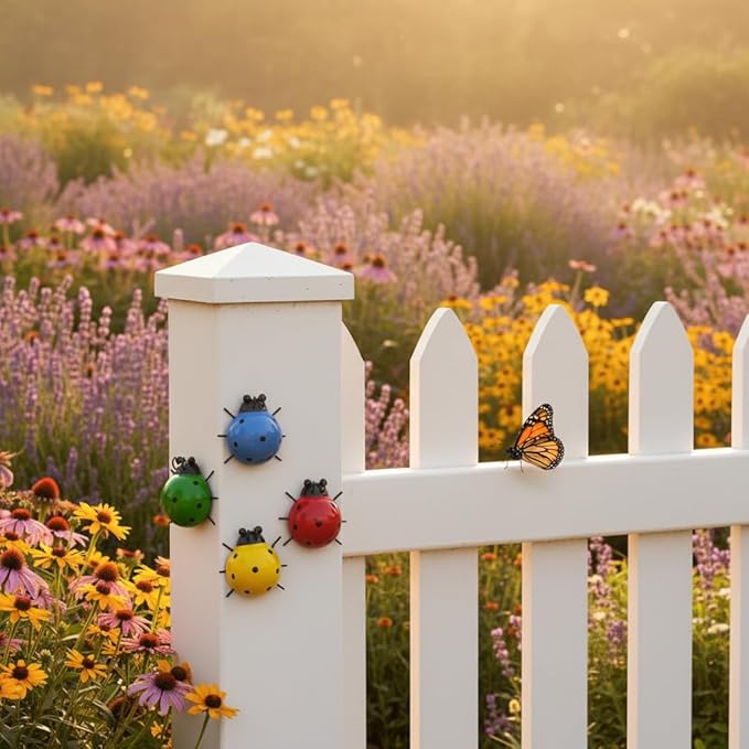 Cruis Cuka Metal Garden Wall Art Decorative Set of 4 Cute Colorful Ladybugs Outdoor Wall Sculptures Yard Art Lawn Ornaments for Fence Patio, Gifts for Mom Housewarming