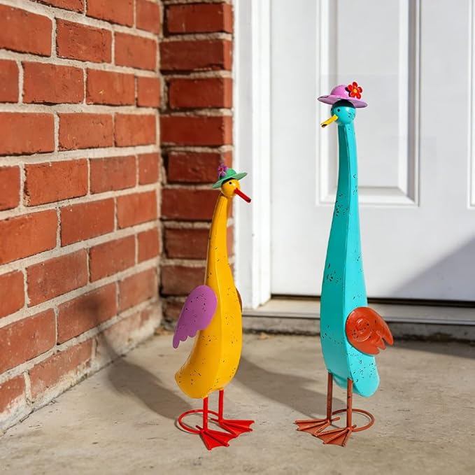 22" Duck Garden Statue Set of 2 Metal Ducks, Duck Outdoor Decor with Stakes Animal Yard Art Sculptures for Patio Porch Lawn Backyard