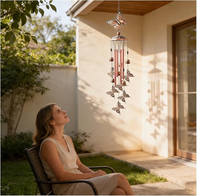 Retro Wind Chimes Metal Pipe Musical Wind Chimes for Outside Suitable Garden Decor、Home Decor Patio Decoration，Wind Catcher Friends Gift Condolence Gifts with Soothing Sound (Bronze-Butterfly)