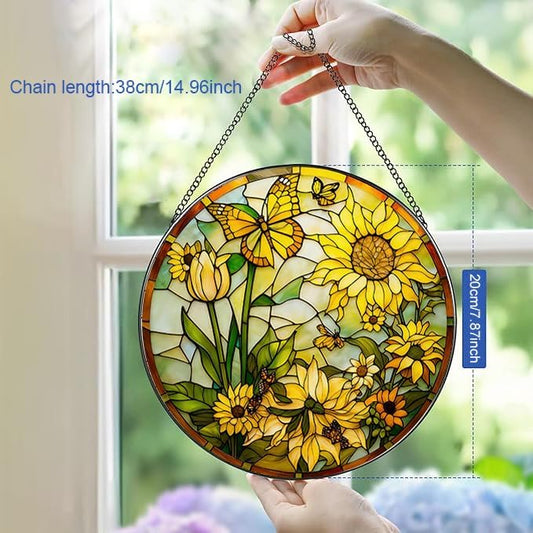 Stained Glass Window Hanging, Sunflower Floral Suncatcher for Window Doors Garden Home Decoration, Spring Colorful Glass Panel Ornaments for Women,Men,Wife, Lovers, and Mom 7.8x7.8 in
