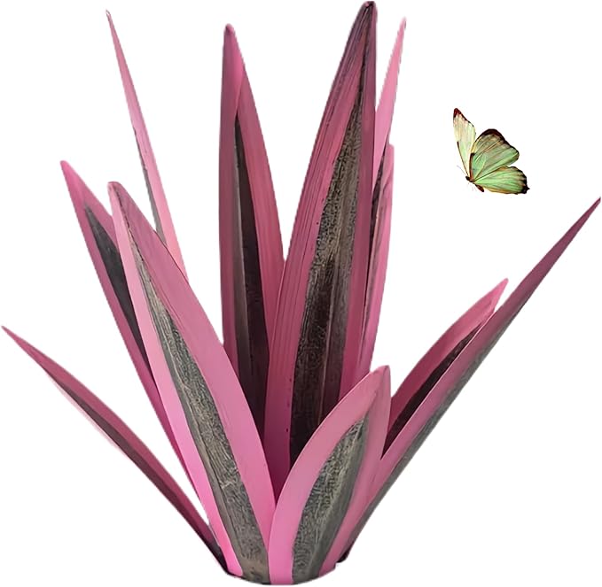 Outdoor Garden Metal Yard Art: Metal Agave Plants Outdoor Decor, Lawn Ornaments for Outside, Large Leaf Enlarge Thickened Artificial Agave Plant, for Outdoor Garden Yard Sculpture Decor (Pink)