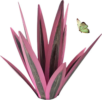 Outdoor Garden Metal Yard Art: Metal Agave Plants Outdoor Decor, Lawn Ornaments for Outside, Large Leaf Enlarge Thickened Artificial Agave Plant, for Outdoor Garden Yard Sculpture Decor (Pink)