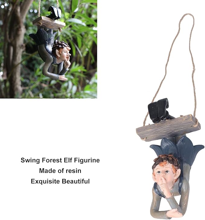 Outdoor Cute Hanging Statue Hanging Elf Statue Resin Swinging Garden Decoration Swing Elf Figurine for Fairy Garden Outdoor