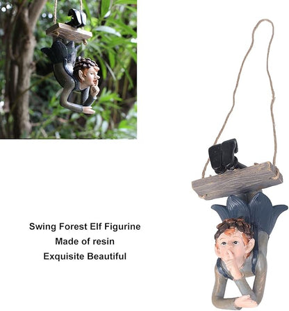 Outdoor Cute Hanging Statue Hanging Elf Statue Resin Swinging Garden Decoration Swing Elf Figurine for Fairy Garden Outdoor