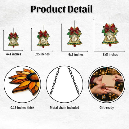 Winter Jingle Bell Scarf Knot Socks Acrylic Suncatcher Stained Glass Effect Window Car Hanging Christmas Ornament Indoor Outdoor Decor Garden Sun Catcher Panel for Women Mom Grandma