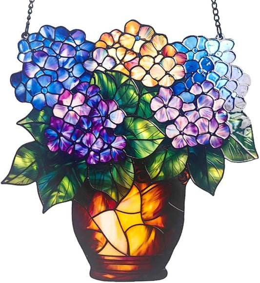 Hydrangea Flower Acrylic Window Hanging,Colorful Flowerpot Hanging,Stained Acrylic Hydrangea Flower Sun Catcher for Home Office Wall Window Decor
