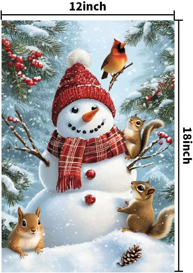 Winter Garden Flags for Outside 12x18 Double Sided, Burlap Holiday Farmhouse Rustic Squirrel Snowman Garden Flag Winter Xmas Decorations, Small Outdoor Christmas Flags for Yard Garden