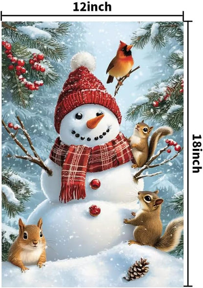 Winter Garden Flags for Outside 12x18 Double Sided, Burlap Holiday Farmhouse Rustic Squirrel Snowman Garden Flag Winter Xmas Decorations, Small Outdoor Christmas Flags for Yard Garden