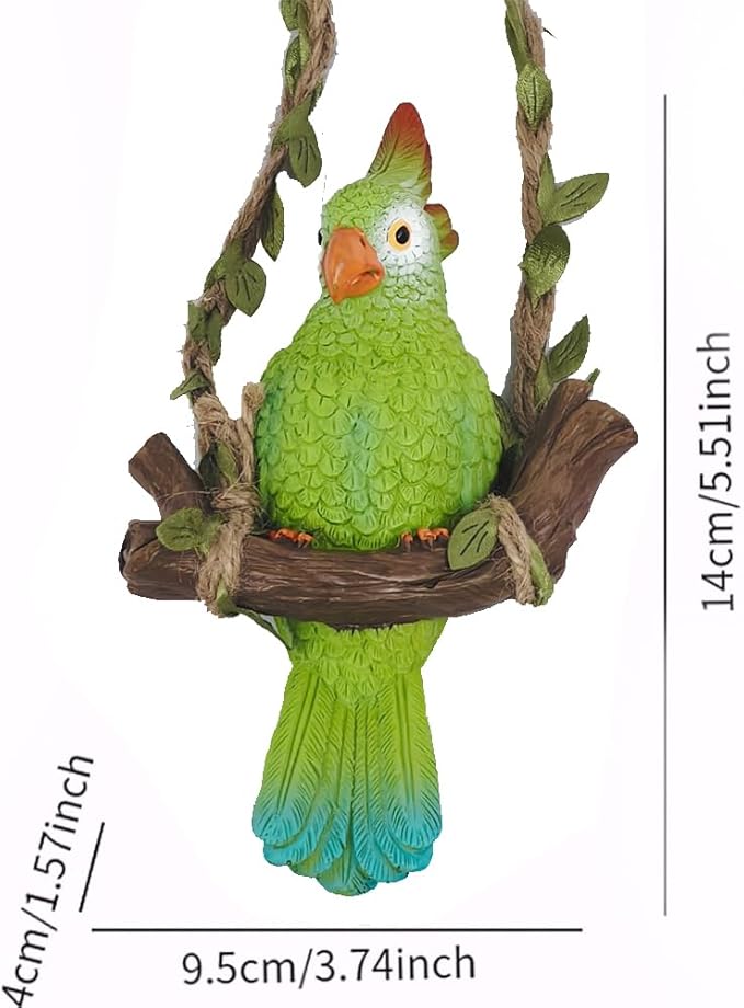 Garden Decor Resin Parrot，Hanging Yard Decor ，Parrot On A Swing Gardening Trinket，Outdoor Tree Ornaments Resin Bird for Patio, Lawn, Gardens, Balconies, Indoor and Outdoor Spaces (Mix)