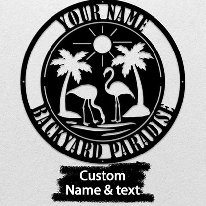 MeMate Flamingo Sign, Backyard Sign Outdoor Decor, Personalized Metal Sign for Backyard, Custom Name Signs for Patio Porch, Deck, 8-24 in Large Metal Sign for Outside, Housewarming Gifts