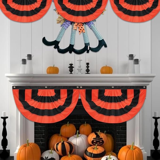 Halloween Bunting Flag 2 x 4 ft Fully Sewn Orange & Black 5 Stripe with 3 Grommets Pleated Half Fan Flag Bunting Banner Trick or Treat Halloween Decor Outside Porch Garden Outdoor Yard Indoor Home