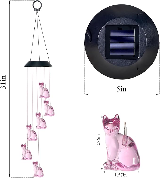 Cat Solar Wind Chimes for Outside Colors Changing Waterproof Decorative Lights Gifts for Mom Solar Powered Mobile Hanging Wind Chime for Garden Patio Party Yard Window Indoor Outdoor Decor
