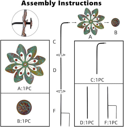 VEWOGARDEN 2 Pack Wind Spinners Outdoor, Metal Wind Spinner with Flower Design for Yard Garden Lawn Decorations, Copper Green