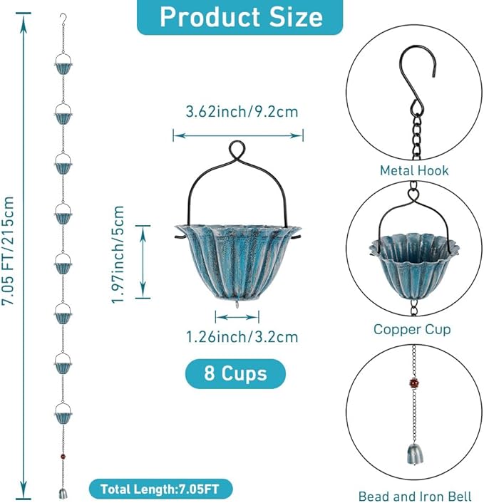 dreamysoul 7.05 FT Blue Rain Chain, 8 Cups Rain Chains for Outside, Replacement Downspout for Gutters, Eaves Drainage