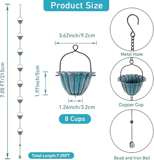 dreamysoul 7.05 FT Blue Rain Chain, 8 Cups Rain Chains for Outside, Replacement Downspout for Gutters, Eaves Drainage