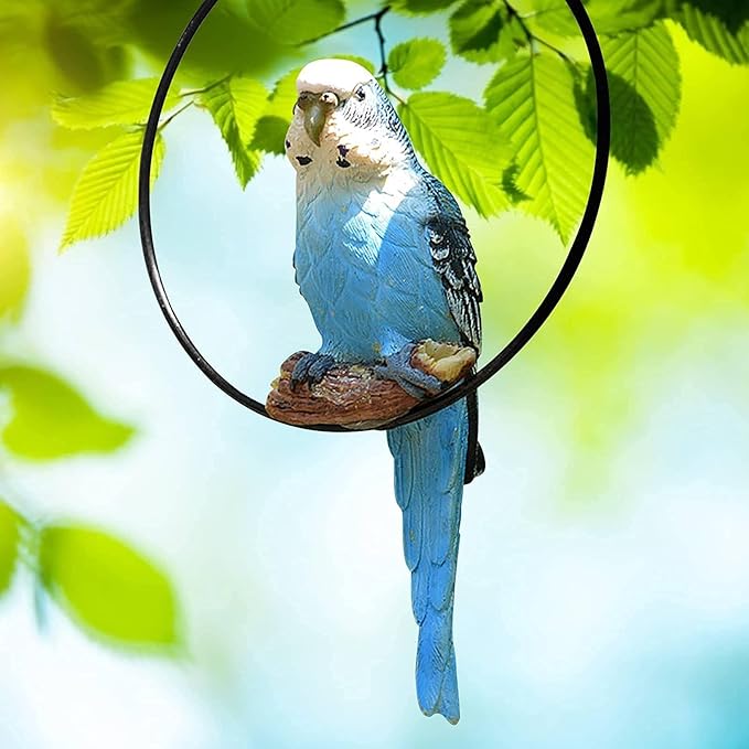 Hanging Parrot Statue Resin Parrot Ornament Metal Round Ring Decoration for Garden Resin Sculpture for Garden Patio Wall Craft Home Outdoor Decoration-02