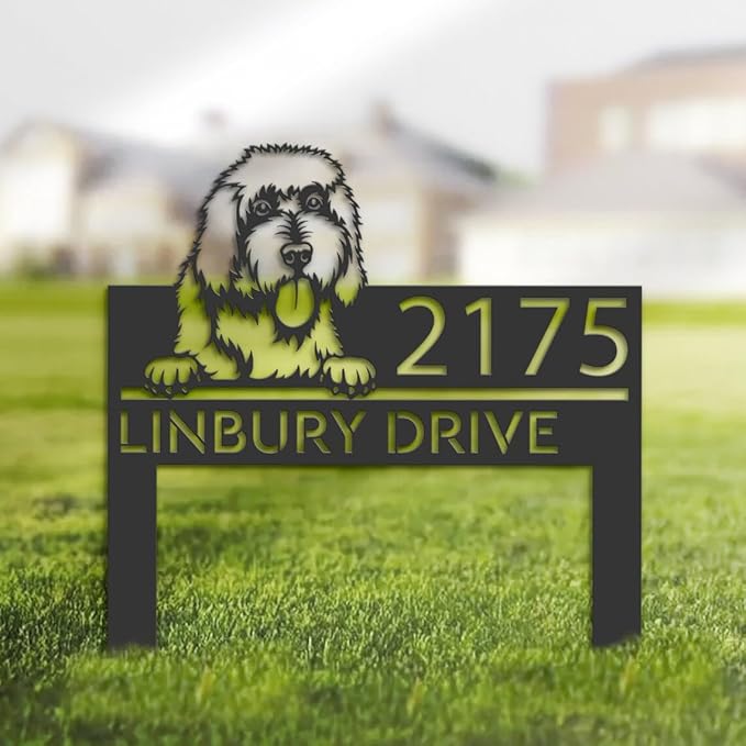 Custom Goldendoodle Dog Metal Address Sign House Number Goldendoodle Plaque Outdoor Decor Stake Goldendoodle Sculptures Sign for Park Yard Lawn Courtyard Patio Ranch Farmer Gardening.
