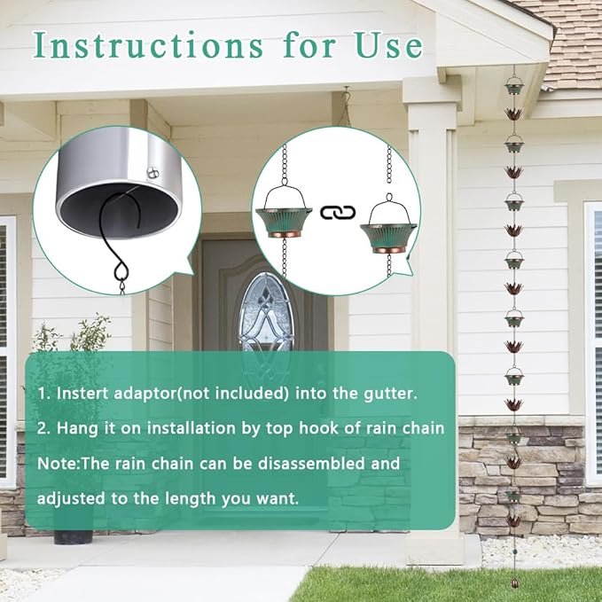 9.8FT Lotus Rain Chains for Outside, Rain Gutter Chain with 16 Cups, Adjustable Rain Catcher Chain for Eaves Drainage, Replacement for Downspout