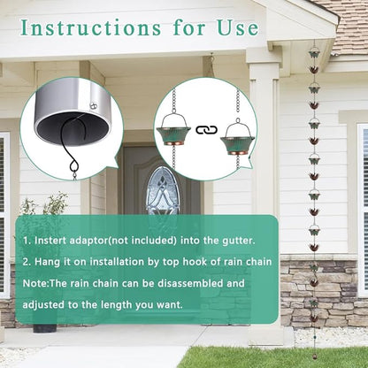 9.8FT Lotus Rain Chains for Outside, Rain Gutter Chain with 16 Cups, Adjustable Rain Catcher Chain for Eaves Drainage, Replacement for Downspout