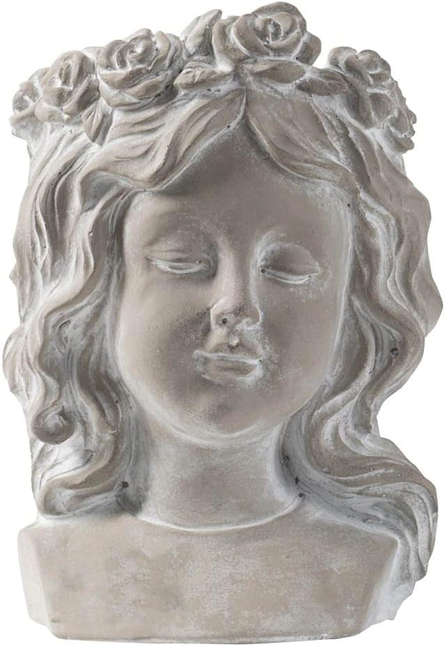 A & B Home D8026 9.8" H Whitewashed Cement Indoor/Outdoor Rose Wreath Lady Head Wall Planter, Home Décor, Garden Accent Sculpture
