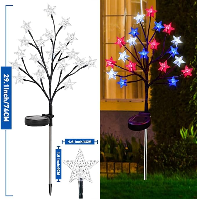 2 Packs Solar 4th of July Decorations Star Stake Lights, Waterproof Outdoor Red White and Blue Star Lights, 20LEDs with 3D Shaped Crystal Star Lights for Yard Garden Pathway Decorations