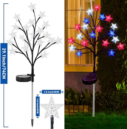 2 Packs Solar 4th of July Decorations Star Stake Lights, Waterproof Outdoor Red White and Blue Star Lights, 20LEDs with 3D Shaped Crystal Star Lights for Yard Garden Pathway Decorations