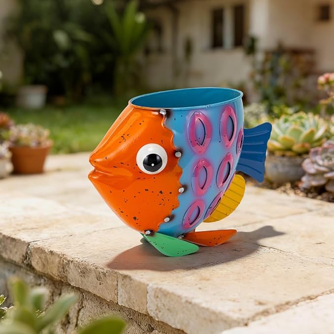 Oak & Lore Colorful Metal Fish Garden Statues, Cute Animal Garden Sculptures & Statues with Planters for Home Patio Porch Yard Decor