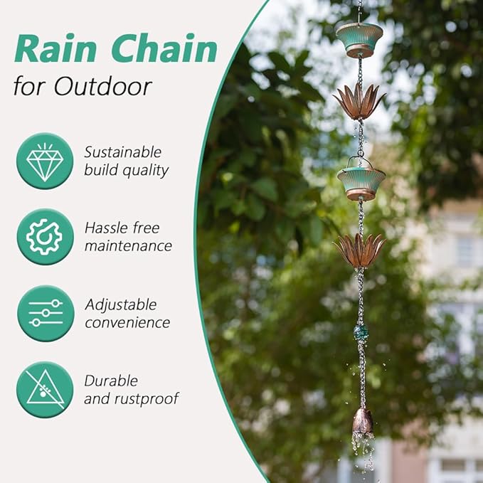 9.8FT Lotus Rain Chains for Outside, Rain Gutter Chain with 16 Cups, Adjustable Rain Catcher Chain for Eaves Drainage, Replacement for Downspout