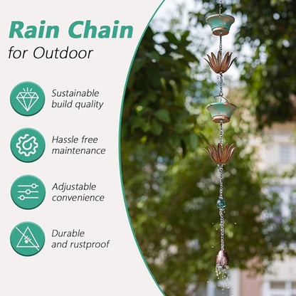 9.8FT Lotus Rain Chains for Outside, Rain Gutter Chain with 16 Cups, Adjustable Rain Catcher Chain for Eaves Drainage, Replacement for Downspout