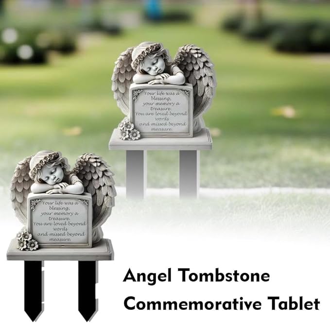 Garden Angel Statue, Angel Tombstone Commemorative Plaque, Memorial Plaque with Sleeping Angel Garden Statue, Sympathy Gift Human Memorial Gifts, in Memory of Loved One, Bereavement Gifts
