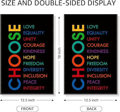 Choose Love Equality Garden Flag, Funny Social Justice Yard Flag for Outside, Kindness Feminist Lawn Garden Flag, Equal Rights DEI Supporter Community Liberal Peace Garden Banner