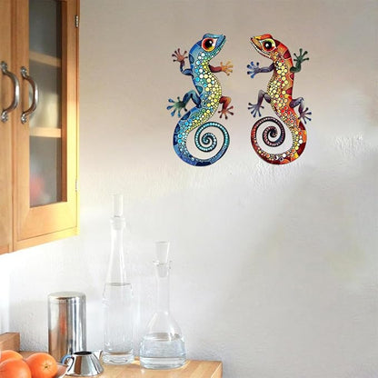 2Pcs Gecko Metal Sign Wall Art Indoor Outdoor Decor,Set of 2 Geckos Ornament Silhouette Bedroom Hanging Gifts for Birthday Housewarming,Lizard Decorate for Balcony Fence Garden Yard Patio Farmhouse