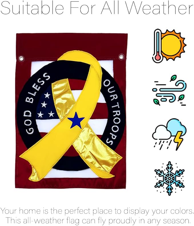 God Bless Our Troops Flag Backyard Wall Hanging Decor Canvas Home Armed Forces American Support Yellow Ribbon Yard Sign Embroidered Tapestry USA Deployed Poster Military Decorations Veteran Gift