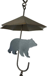 Rustic Black Bear & Umbrella Rain Chain - 75 inches Long Distressed Copper Finish, 10 Decorative 3D Designs, Weighted Bell for Wind Chime Sound