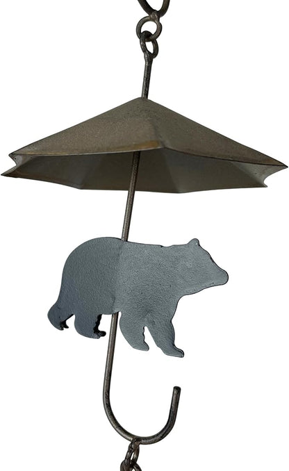 Rustic Black Bear & Umbrella Rain Chain - 75 inches Long Distressed Copper Finish, 10 Decorative 3D Designs, Weighted Bell for Wind Chime Sound