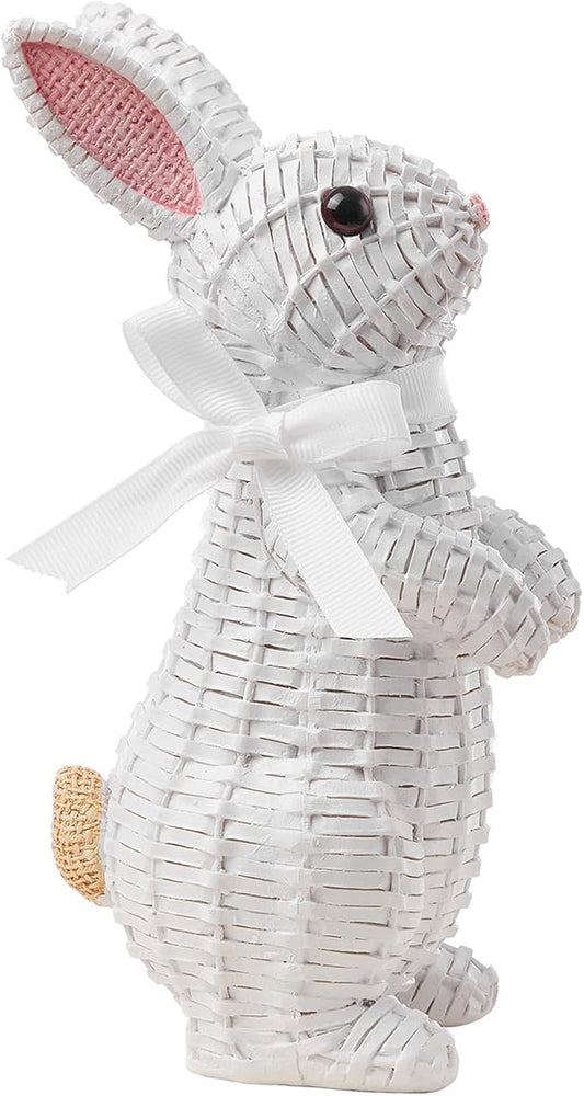 Rattan Rabbit Woven Rabbit Bow Resin Ornaments for Home Courtyard Lawn Tabletop and Easter Decoration to Enhance The Easter Atmosphere Preferred Easter Gifts (8.1in White Station)