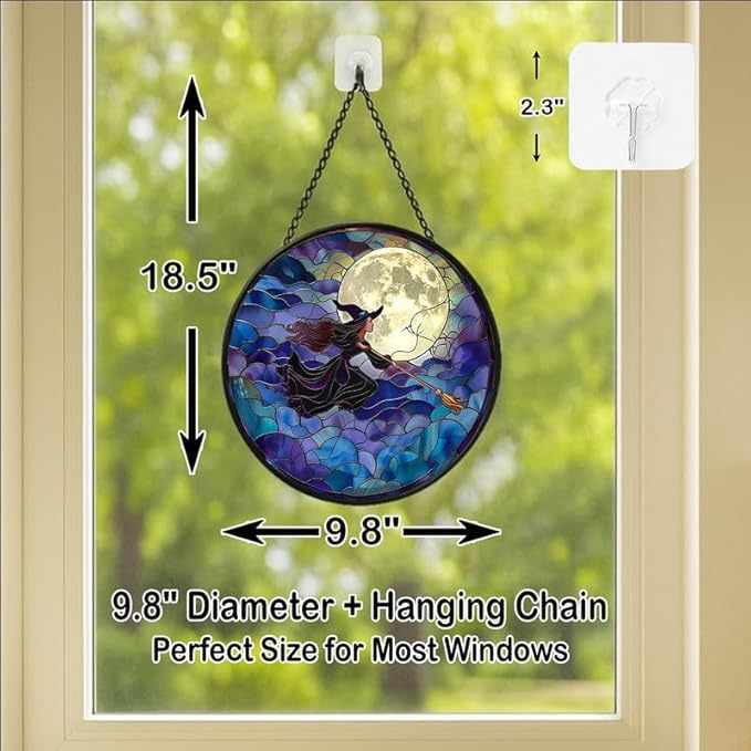 Stained Glass Window Hanging - Halloween 9.8in Flying Witch on Broom with Moon Sun Catchers Indoor Stained Glass Panels Wall Decor for Mom，Wife，Lovers，Festive
